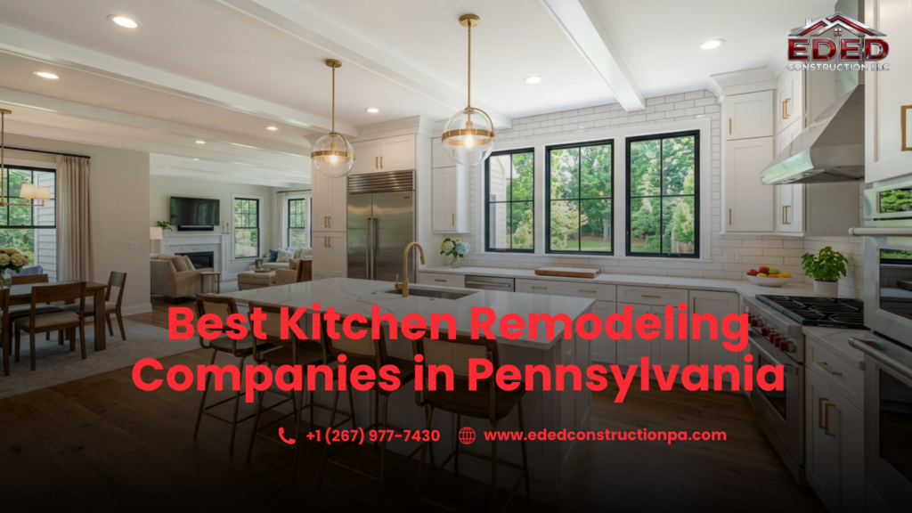 Best Kitchen Remodeling Companies in Pennsylvania Beautiful professionally remodeled open-concept kitchen in a Pennsylvania home showcasing white shaker cabinetry with brushed gold hardware, large marble quartz center island with bar seating, globe pendant lighting, subway tile backsplash, stainless steel appliances, black-framed windows with garden views, and warm hardwood flooring — result of expert kitchen remodeling contractors in Pennsylvania