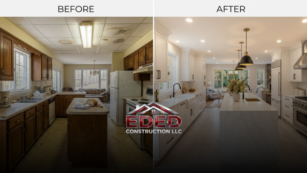 Before and after kitchen remodeling transformation in Pennsylvania showing dramatic upgrade from outdated worn cabinets and old countertops to bright modern white shaker cabinets and quartz countertops