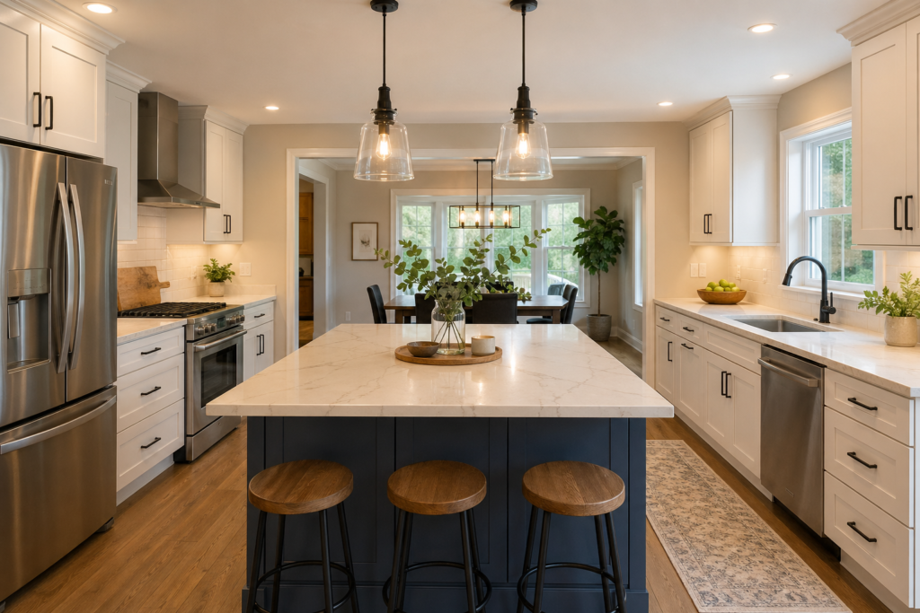 Modern kitchen remodel featuring a large quartz island with seating, white shaker cabinets, stainless steel appliances, pendant lighting, and an open layout connecting to a bright dining area with natural light.
