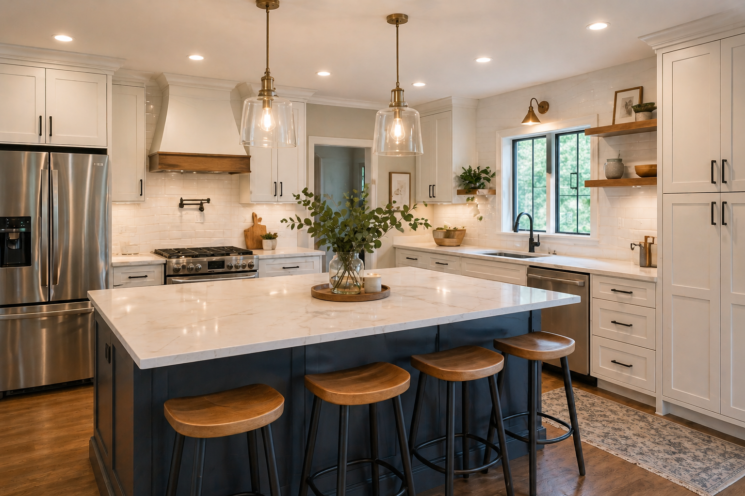 Bright modern kitchen remodel with a large quartz island, white shaker cabinets, stainless steel appliances, glass pendant lighting, and warm wood accents, illuminated by natural light from a large window.