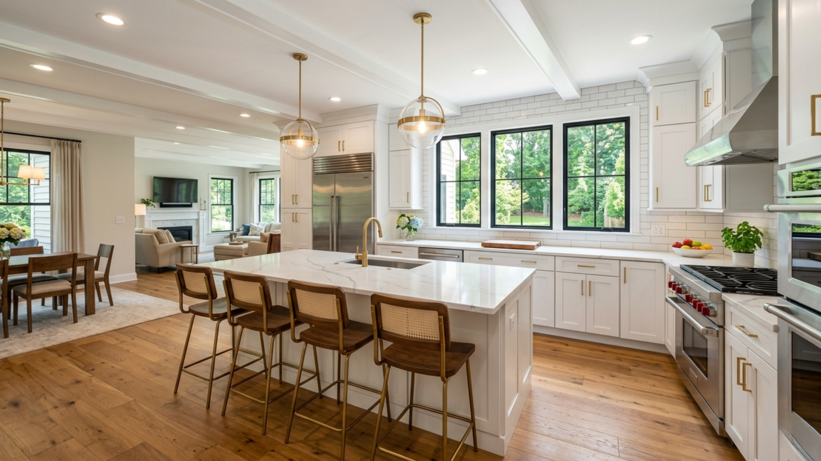 Beautiful professionally remodeled open-concept kitchen in a Pennsylvania home showcasing white shaker cabinetry with brushed gold hardware, large marble quartz center island with bar seating, globe pendant lighting, subway tile backsplash, stainless steel appliances, black-framed windows with garden views, and warm hardwood flooring — result of expert kitchen remodeling contractors in Pennsylvania