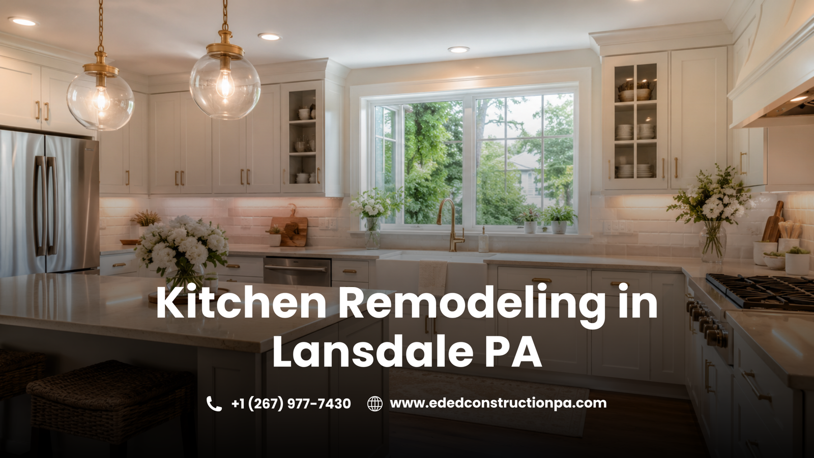 Bright and elegant colonial-style kitchen remodel featuring white shaker cabinets, creamy quartz countertops, brushed gold hardware, farmhouse sink, pendant lighting over a spacious island, subway tile backsplash, stainless steel appliances, warm hardwood floors, and natural light overlooking a lush Pennsylvania suburban backyard.