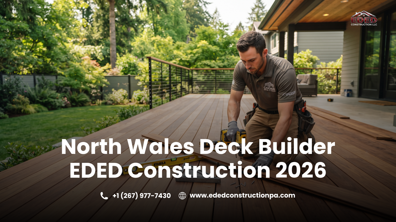 Professional deck builder installing a custom composite wood deck at a residential home in North Wales, Pennsylvania, showcasing expert outdoor living construction by EDED Construction.