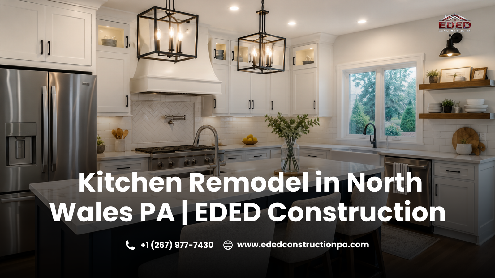 Modern remodeled kitchen in North Wales, PA featuring white shaker cabinets, a large quartz waterfall island, stainless steel appliances, farmhouse sink, black pendant lighting, hardwood floors, and bright natural light for a clean, contemporary design.